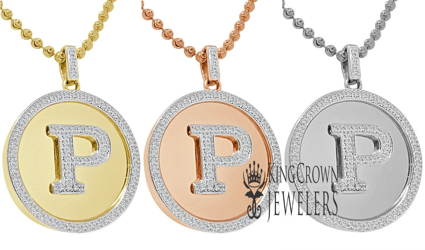 Real Genuine Authentic Diamonds Alphabet Initial Letters "P" Charm Round Pendent Chain Set 10K Gold Finish