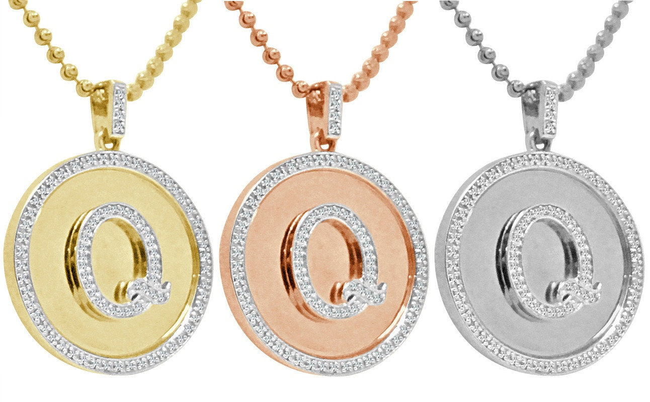 Real Genuine Authentic Diamonds Alphabet Initial Letters "Q" Charm Round Pendent Chain Set 10K Gold Finish