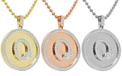 Real Genuine Authentic Diamonds Alphabet Initial Letters "Q" Charm Round Pendent Chain Set 10K Gold Finish