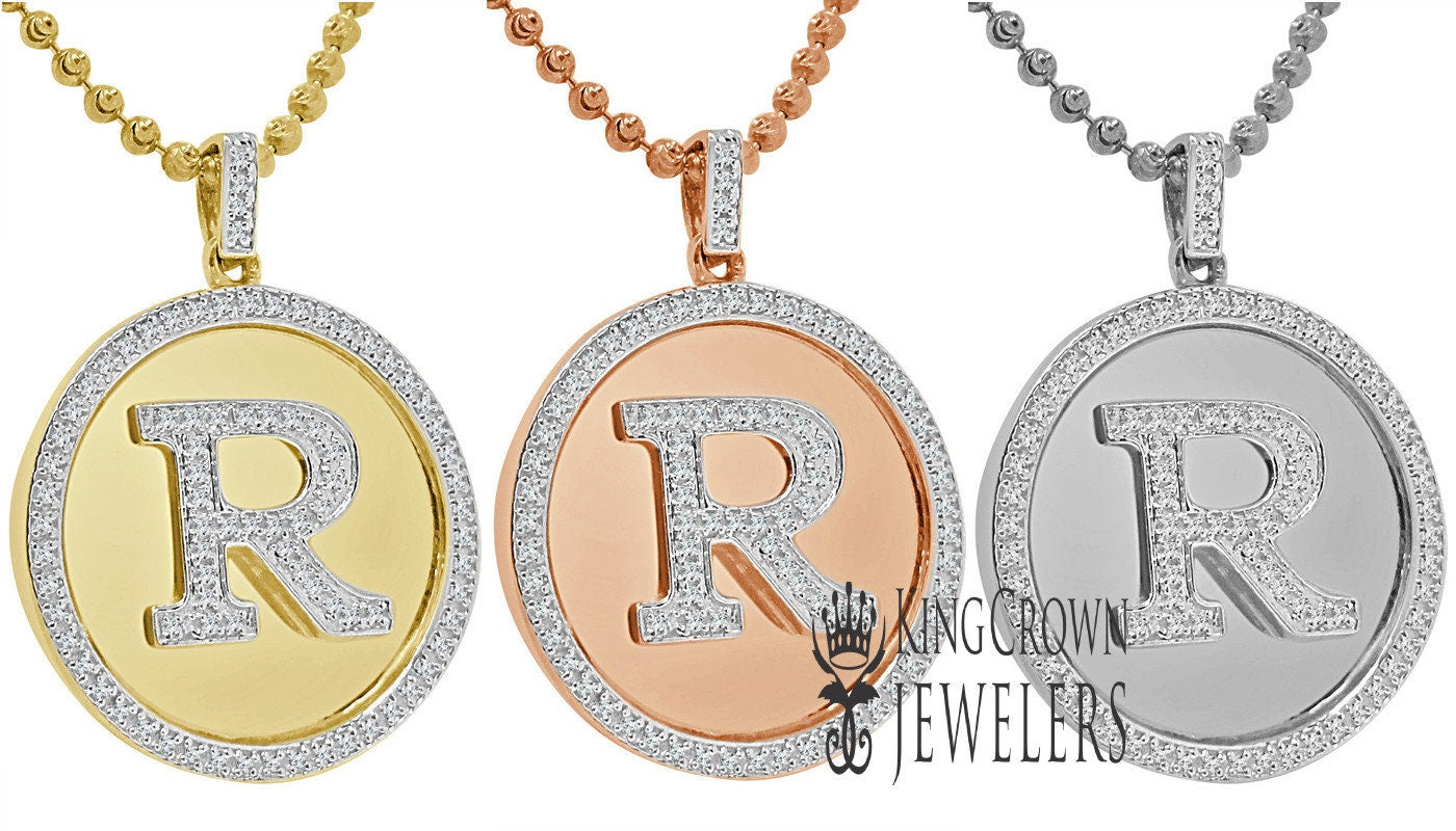 Real Genuine Authentic Diamonds Alphabet Initial Letters "R" Charm Round Pendent Chain Set 10K Gold Finish