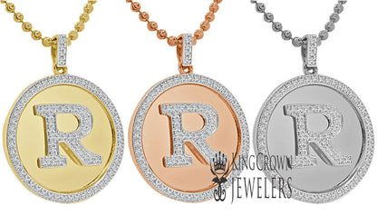 Real Genuine Authentic Diamonds Alphabet Initial Letters "R" Charm Round Pendent Chain Set 10K Gold Finish
