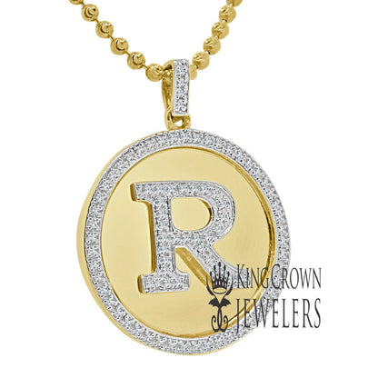 Real Genuine Authentic Diamonds Alphabet Initial Letters "R" Charm Round Pendent Chain Set 10K Gold Finish