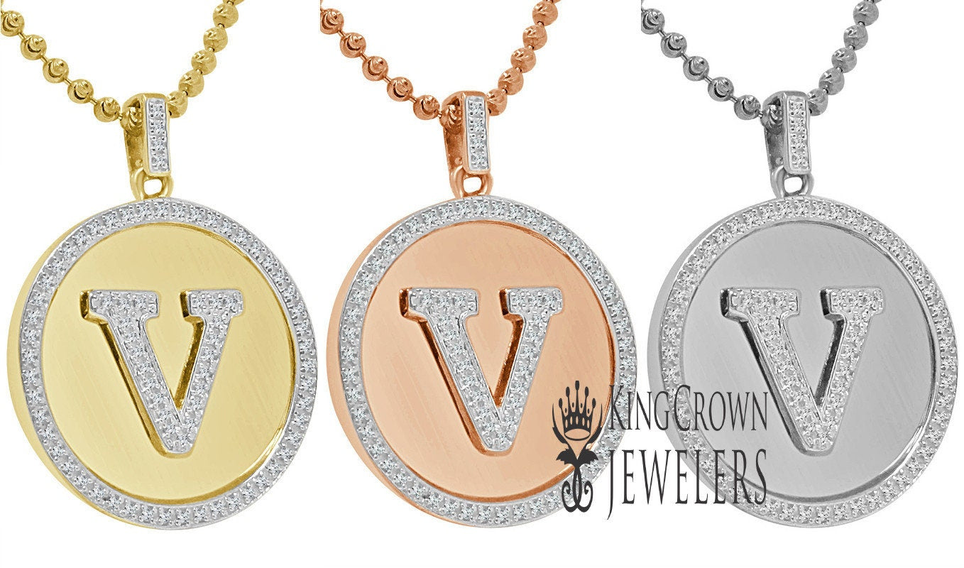 Real Genuine Authentic Diamonds Alphabet Initial Letters "V" Charm Round Pendent Chain Set 10K Gold Finish