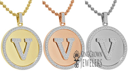 Real Genuine Authentic Diamonds Alphabet Initial Letters "V" Charm Round Pendent Chain Set 10K Gold Finish