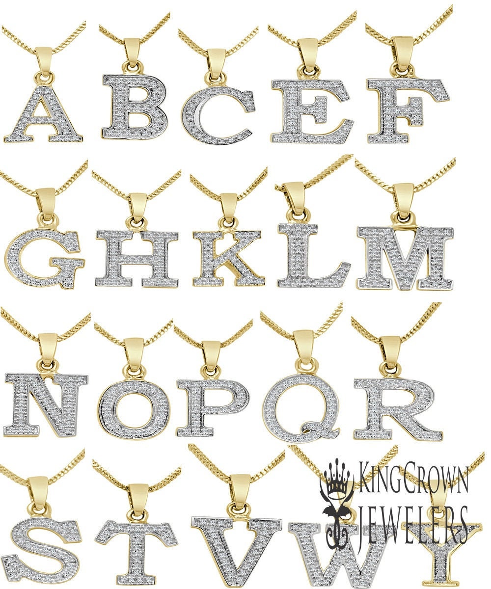 Real Genuine Diamond Small Mini 0.75" Initial Letter Alphabet A-Z Pendent Charm Chain Set 10K Yellow Gold Finish Unisex