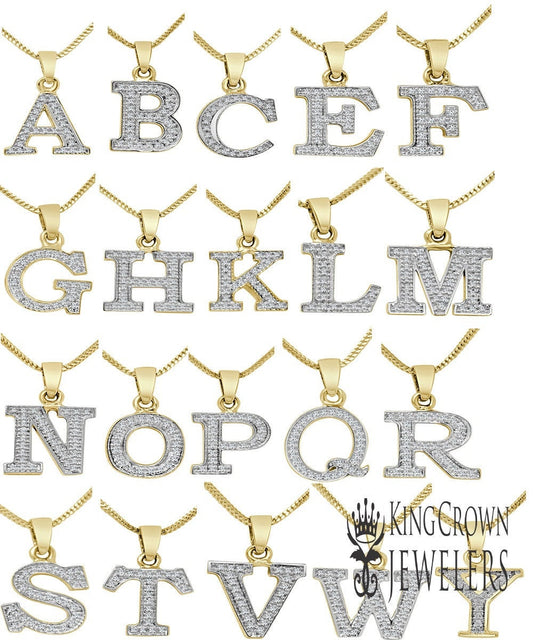 Real Genuine Diamond Small Mini 0.75" Initial Letter Alphabet A-Z Pendent Charm Chain Set 10K Yellow Gold Finish Unisex
