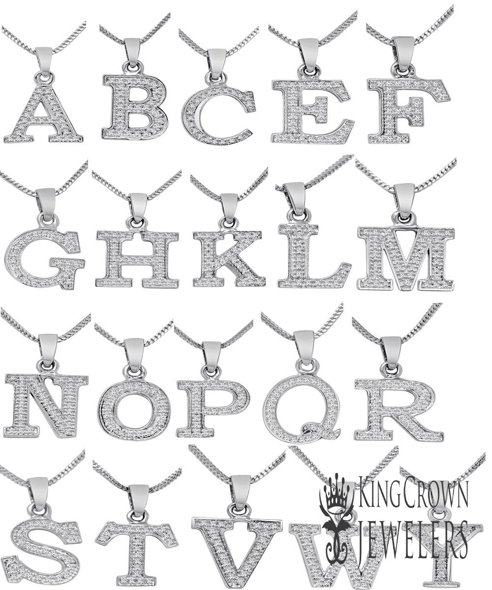 Real Genuine Diamond Mini Initial Letter Alphabet A-Z Pendent Charm Chain Set 10K White Gold Finish Unisex