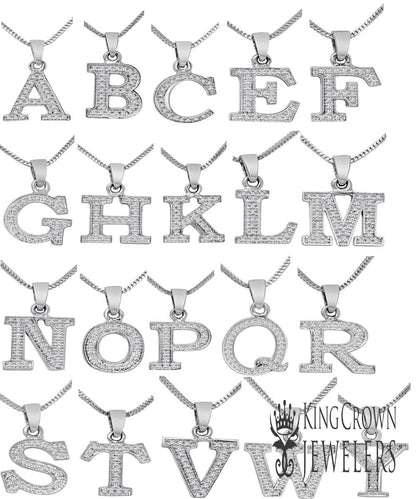 Real Genuine Diamond Mini Initial Letter Alphabet A-Z Pendent Charm Chain Set 10K White Gold Finish Unisex