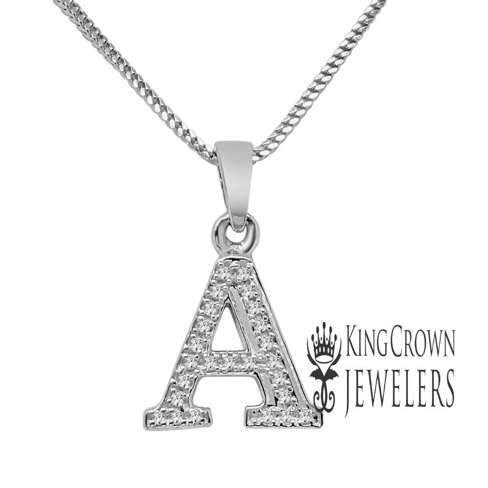 Real Genuine Diamond Mini Initial Letter Alphabet A-Z Pendent Charm Chain Set 10K White Gold Finish Unisex