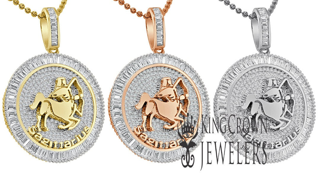 10K Gold Finish Sagittarius Archer Zodiac Sign Astrology Horoscope Pendant Baguette/Round Cut Lab Diamond Charm Chain Set