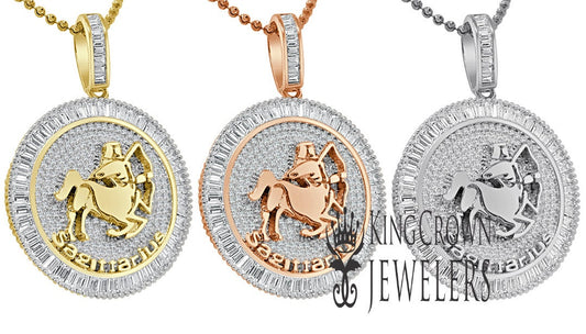 10K Gold Finish Sagittarius Archer Zodiac Sign Astrology Horoscope Pendant Baguette/Round Cut Lab Diamond Charm Chain Set