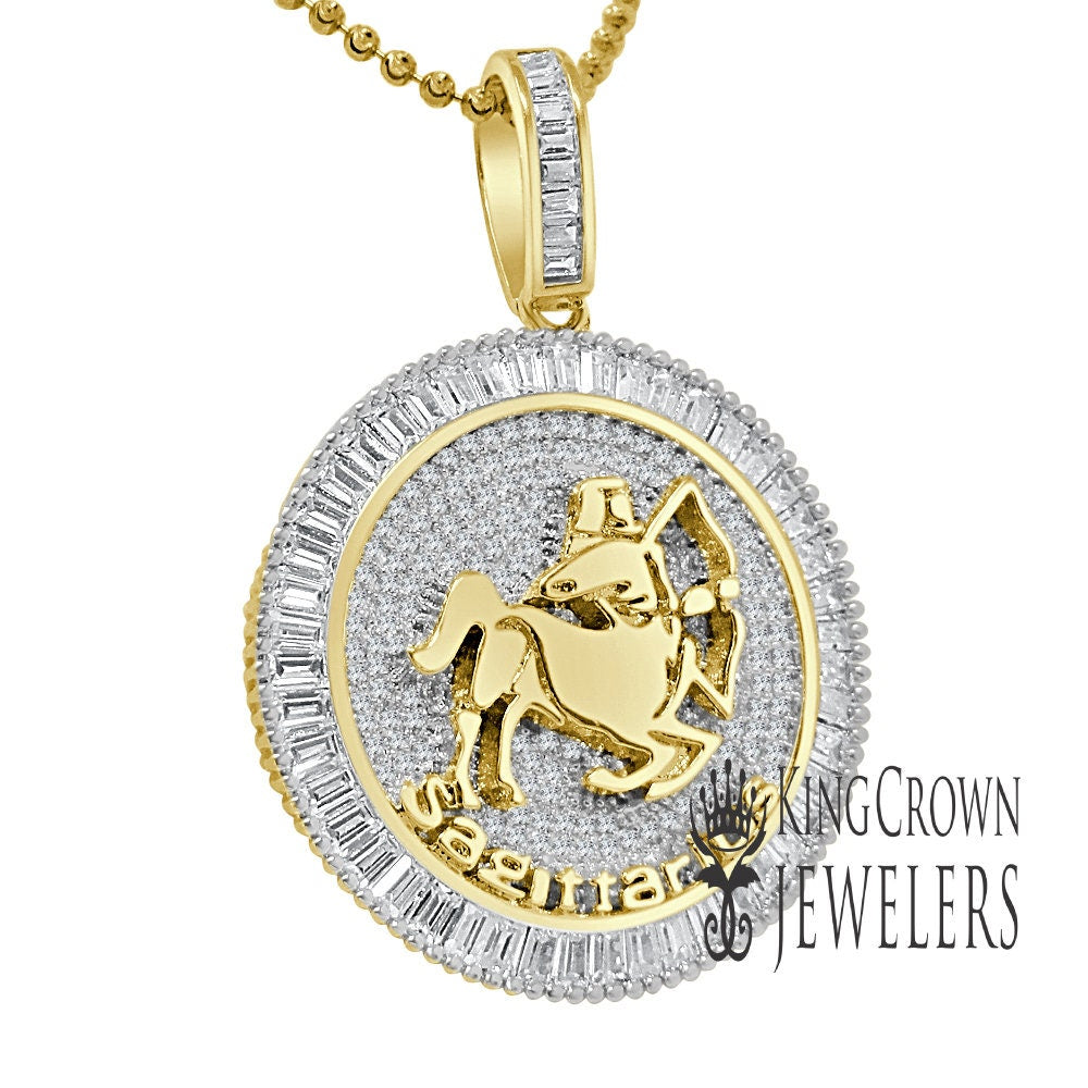 10K Gold Finish Sagittarius Archer Zodiac Sign Astrology Horoscope Pendant Baguette/Round Cut Lab Diamond Charm Chain Set