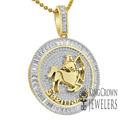 10K Gold Finish Sagittarius Archer Zodiac Sign Astrology Horoscope Pendant Baguette/Round Cut Lab Diamond Charm Chain Set