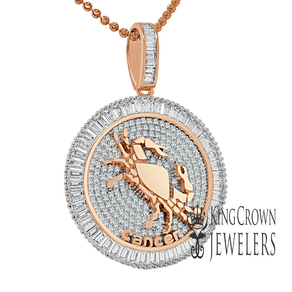 10K Gold Finish Cancer Crab Zodiac Sign Astrology Horoscope Pendant Baguette/Round Cut Lab Diamond Charm Chain Set