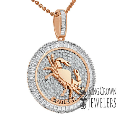 10K Gold Finish Cancer Crab Zodiac Sign Astrology Horoscope Pendant Baguette/Round Cut Lab Diamond Charm Chain Set