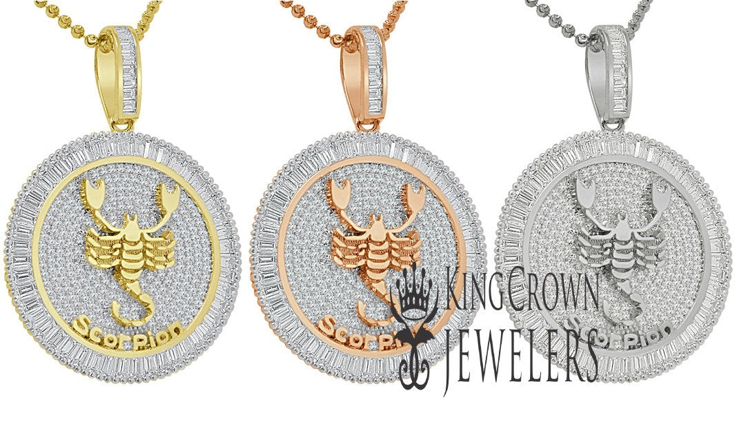 10K Gold Finish Scorpio Zodiac Sign Astrology Horoscope Pendant Baguette/Round Cut Lab Diamond Charm Chain Set