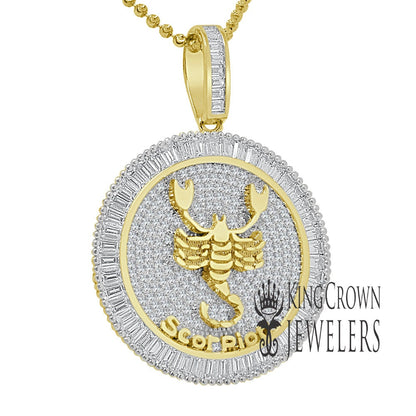 10K Gold Finish Scorpio Zodiac Sign Astrology Horoscope Pendant Baguette/Round Cut Lab Diamond Charm Chain Set