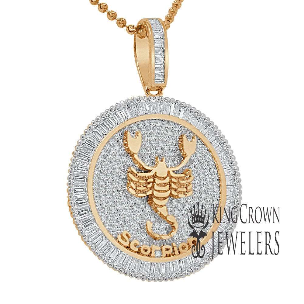 10K Gold Finish Scorpio Zodiac Sign Astrology Horoscope Pendant Baguette/Round Cut Lab Diamond Charm Chain Set