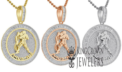 10K Gold Finish  Aquarius Water Zodiac Sign Astrology Horoscope Pendant Baguette/Round Cut Lab Diamond Charm Chain Set