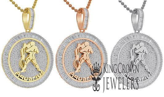 10K Gold Finish  Aquarius Water Zodiac Sign Astrology Horoscope Pendant Baguette/Round Cut Lab Diamond Charm Chain Set