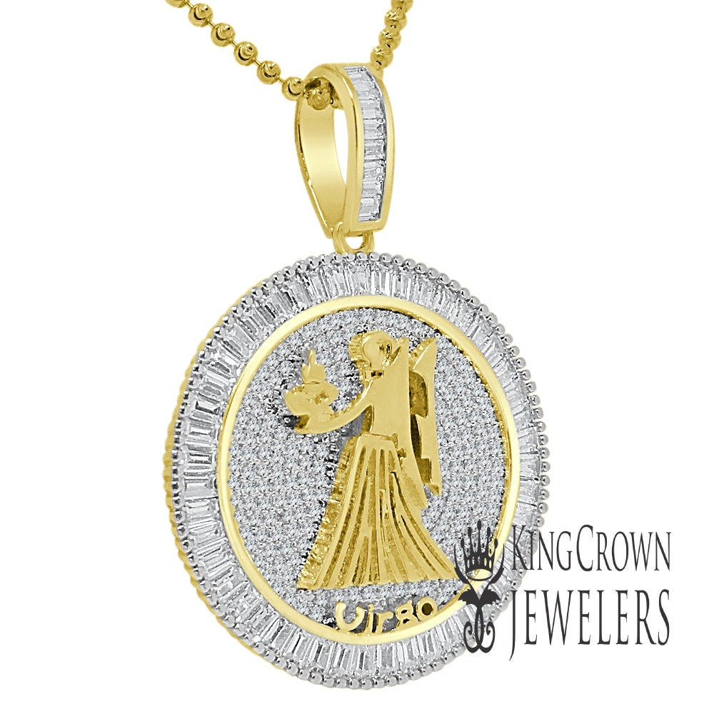 10K Gold Finish Virgo Zodiac Sign Astrology Horoscope Pendant Baguette/Round Cut Lab Diamond Charm Chain Set