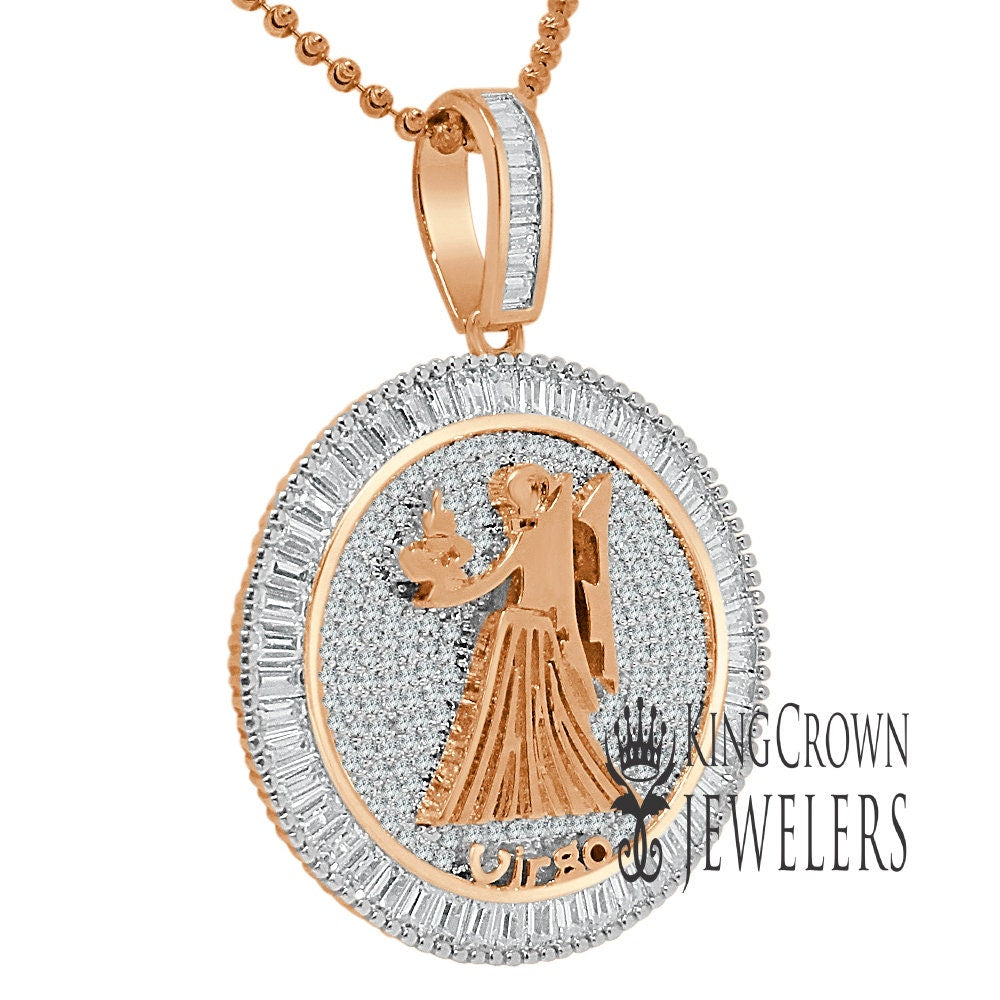 10K Gold Finish Virgo Zodiac Sign Astrology Horoscope Pendant Baguette/Round Cut Lab Diamond Charm Chain Set