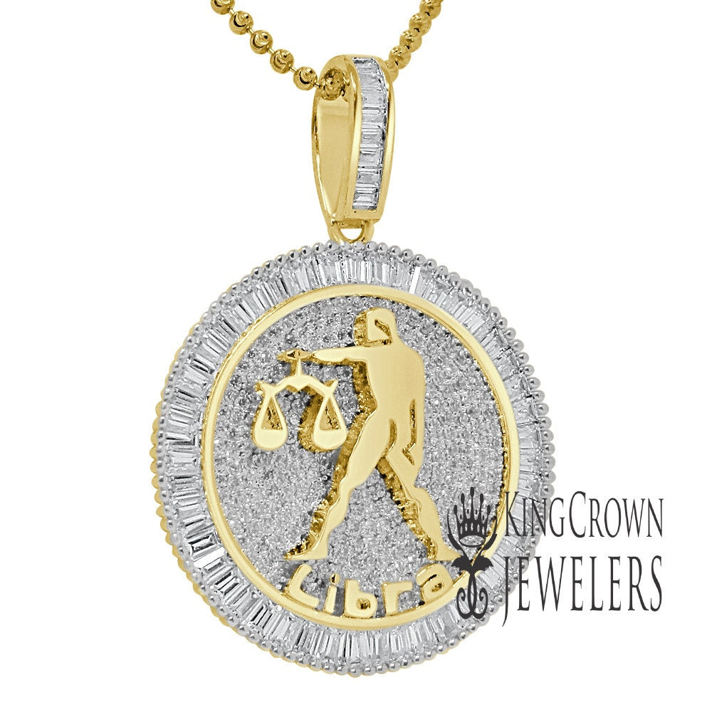 10K Gold Finish Libra Scales Zodiac Sign Astrology Horoscope Pendant Baguette/Round Cut Lab Diamond Charm Chain Set