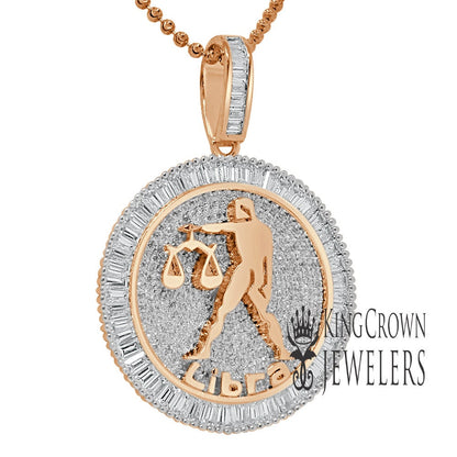 10K Gold Finish Libra Scales Zodiac Sign Astrology Horoscope Pendant Baguette/Round Cut Lab Diamond Charm Chain Set