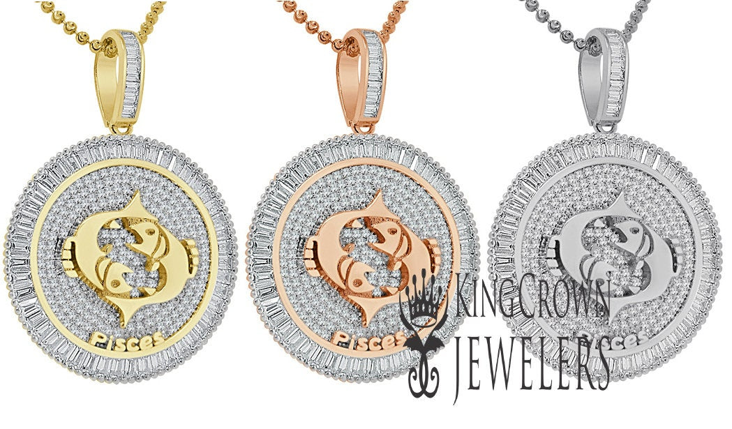 10K Gold Finish Pisces Fish Zodiac Sign Astrology Horoscope Pendant Baguette/Round Cut Lab Diamond Charm Chain Set