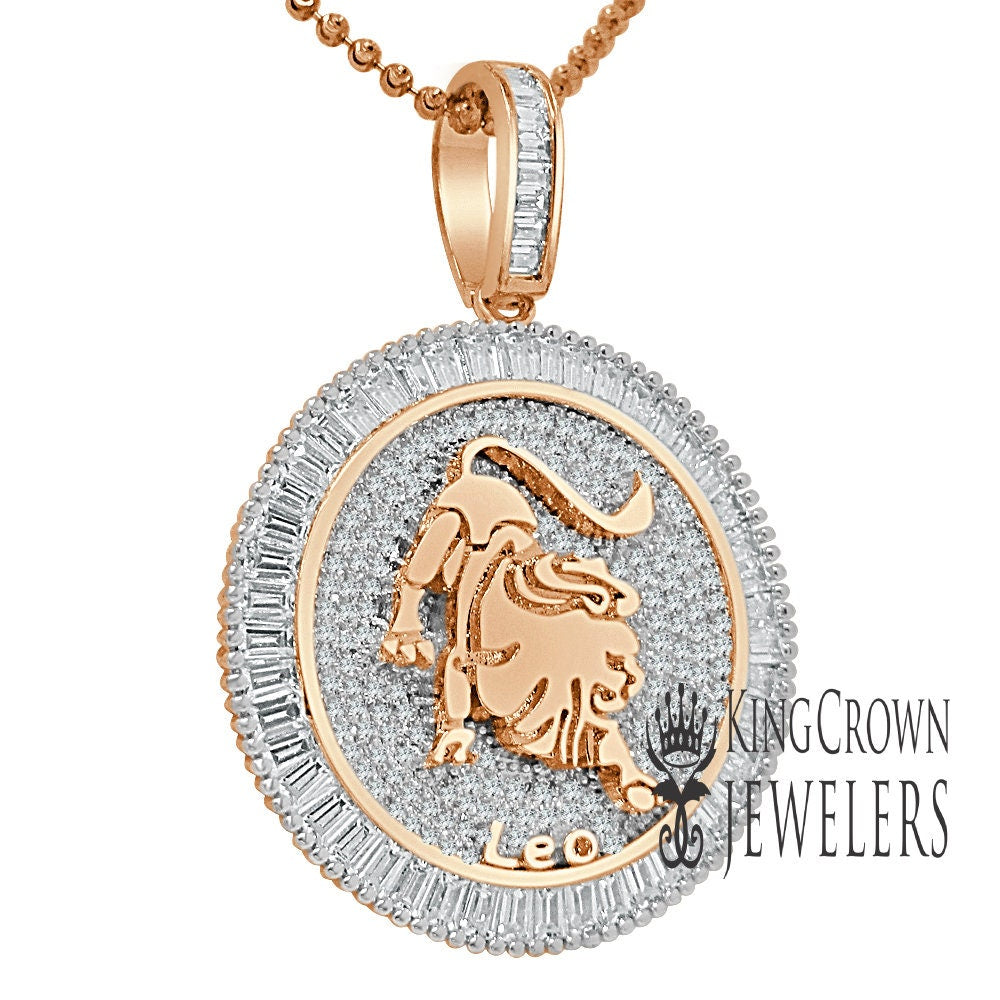 10K Gold Finish Leo Lion Zodiac Sign Astrology Horoscope Pendant Baguette/Round Cut Lab Diamond Charm Chain Set