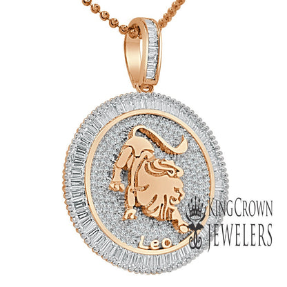 10K Gold Finish Leo Lion Zodiac Sign Astrology Horoscope Pendant Baguette/Round Cut Lab Diamond Charm Chain Set
