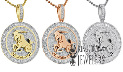 10K Gold Finish Capricorn Horse Zodiac Sign Astrology Horoscope Pendant Baguette/Round Cut Lab Diamond Charm Chain Set