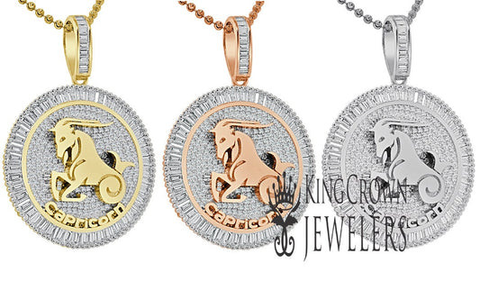 10K Gold Finish Capricorn Horse Zodiac Sign Astrology Horoscope Pendant Baguette/Round Cut Lab Diamond Charm Chain Set