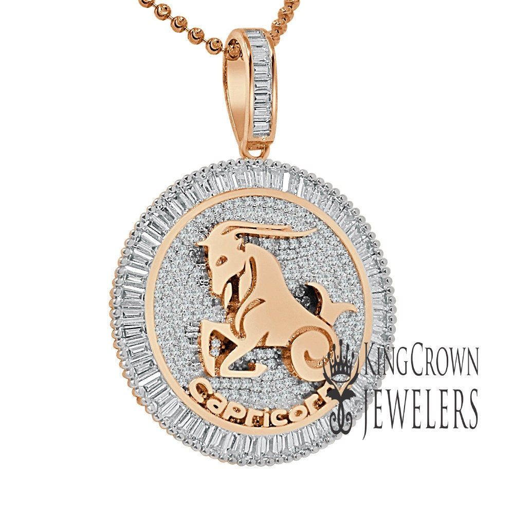 10K Gold Finish Capricorn Horse Zodiac Sign Astrology Horoscope Pendant Baguette/Round Cut Lab Diamond Charm Chain Set