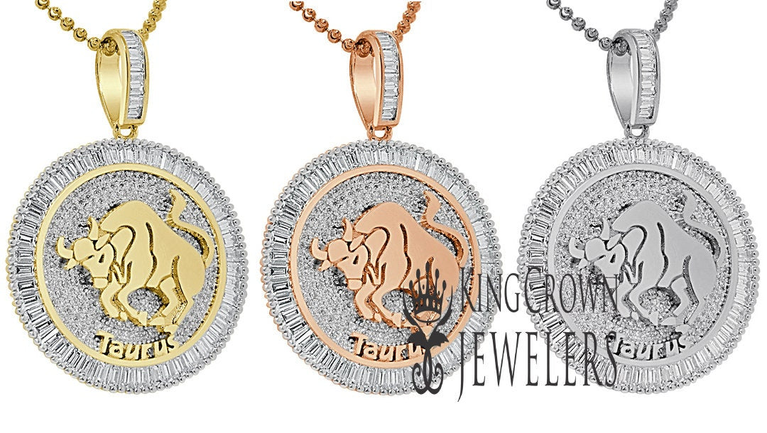 10K Gold Finish Taurus Bull  Zodiac Sign Astrology Horoscope Pendant Baguette/Round Cut Lab Diamond Charm Chain Set