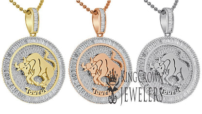 10K Gold Finish Taurus Bull  Zodiac Sign Astrology Horoscope Pendant Baguette/Round Cut Lab Diamond Charm Chain Set