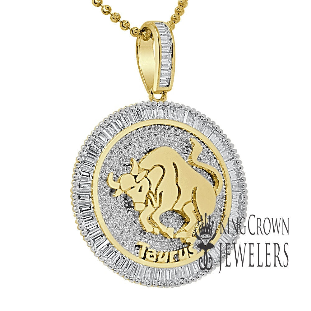 10K Gold Finish Taurus Bull  Zodiac Sign Astrology Horoscope Pendant Baguette/Round Cut Lab Diamond Charm Chain Set
