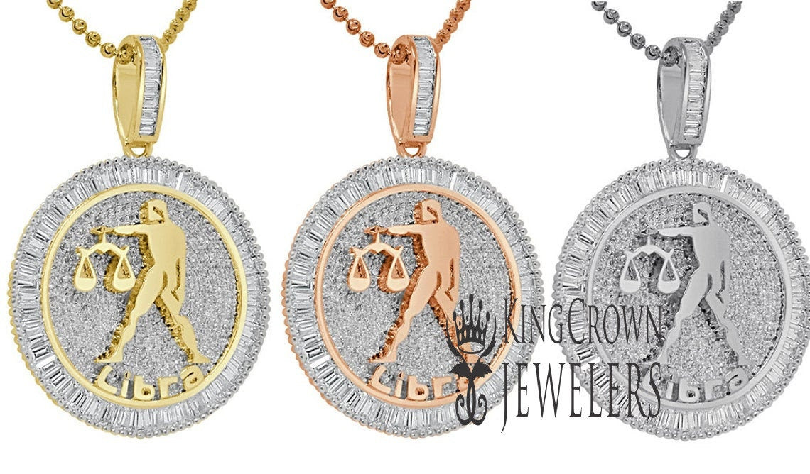 10K Gold Finish Libra Scales Zodiac Sign Astrology Horoscope Pendant Baguette/Round Cut Lab Diamond Charm Chain Set