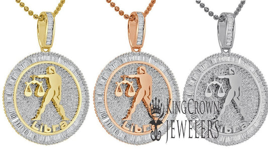 10K Gold Finish Libra Scales Zodiac Sign Astrology Horoscope Pendant Baguette/Round Cut Lab Diamond Charm Chain Set
