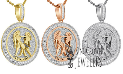 10K Gold Finish Gemini Twins  Zodiac Sign Astrology Horoscope Pendant Baguette/Round Cut Lab Diamond Charm Chain Set