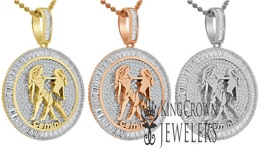 10K Gold Finish Gemini Twins  Zodiac Sign Astrology Horoscope Pendant Baguette/Round Cut Lab Diamond Charm Chain Set