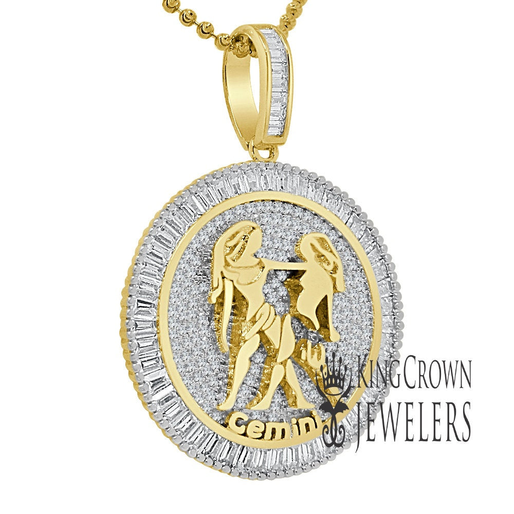 10K Gold Finish Gemini Twins  Zodiac Sign Astrology Horoscope Pendant Baguette/Round Cut Lab Diamond Charm Chain Set