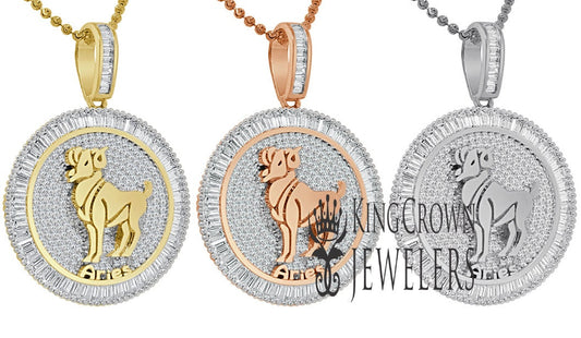 10K Gold Finish Aries Ram Zodiac Sign Astrology Horoscope Pendant Baguette/Round Cut Lab Diamond Charm Chain Set