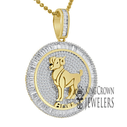 10K Gold Finish Aries Ram Zodiac Sign Astrology Horoscope Pendant Baguette/Round Cut Lab Diamond Charm Chain Set