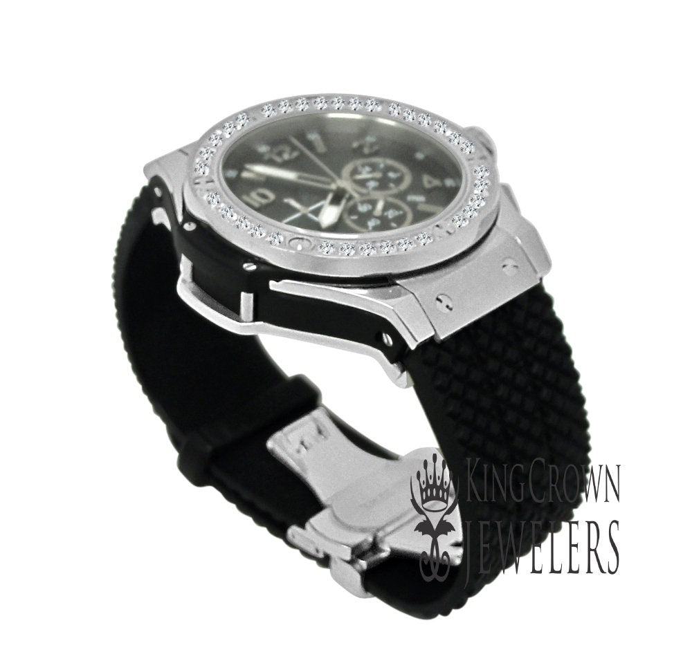 Mens Solid Full Stainless Steel Turnish Free Simulated Diamond Chronograph White Gold Tone Watch 50mm W/Date