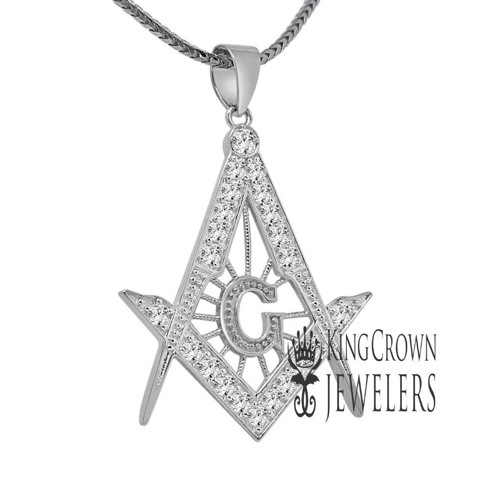 Real White Gold Sterling Silver Genuine Simulated Diamond G Compass Masonic Mason Pendent Charm Chain Set