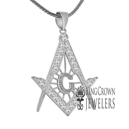 Real White Gold Sterling Silver Genuine Simulated Diamond G Compass Masonic Mason Pendent Charm Chain Set
