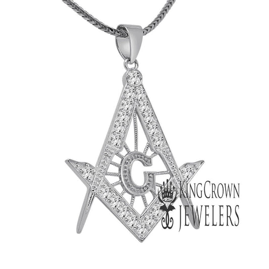 Real White Gold Sterling Silver Genuine Simulated Diamond G Compass Masonic Mason Pendent Charm Chain Set