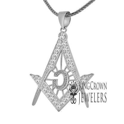 Real White Gold Sterling Silver Genuine Simulated Diamond G Compass Masonic Mason Pendent Charm Chain Set