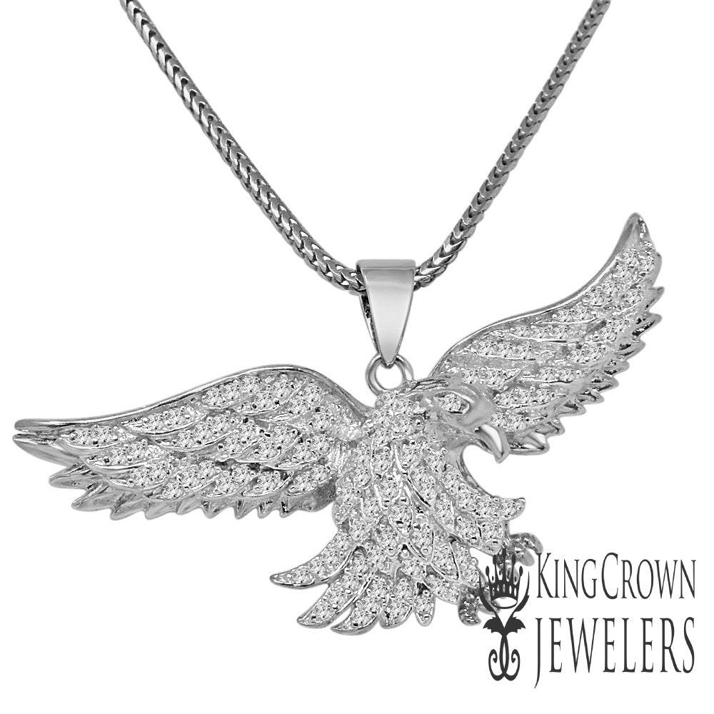 Mens 14K White Gold On Real Sterling Silver Lab Diamond Eagle Bird Pave Charm Pendent + Chain